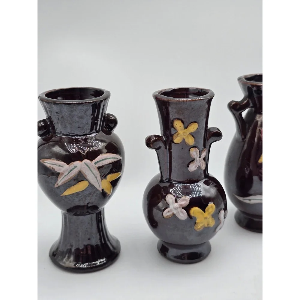 Vintage MCM Japan Miniature Bud Vase Set of 3 Dark Brown Floral Pottery 4